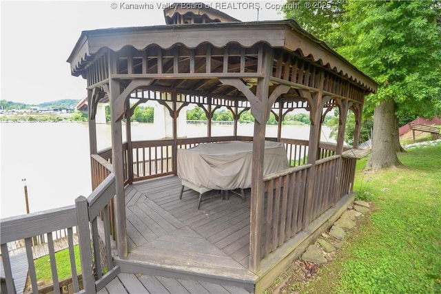 1516 Fenton Cir, Nitro, WV 25143 - wooden terrace with a water view, a gazebo, and a lawn