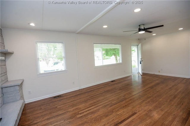 1516 Fenton Cir, Nitro, WV 25143 - unfurnished living room featuring ceiling fan, wood finished floors, recessed lighting, a stone fireplace, and ornamental molding