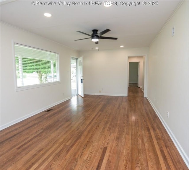 1516 Fenton Cir, Nitro, WV 25143 - unfurnished living room with crown molding, wood finished floors, ceiling fan, and recessed lighting