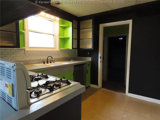 4808 Kentucky St, South Charleston, WV 25309 - kitchen featuring light countertops, decorative backsplash, open shelves, and dishwashing machine