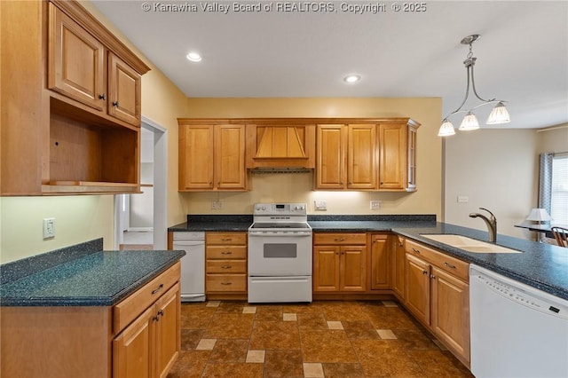 1155 Pike St, Milton, WV 25541 - kitchen with white appliances, premium range hood, recessed lighting, dark countertops, and pendant lighting