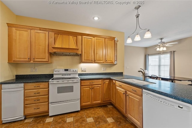 1155 Pike St, Milton, WV 25541 - kitchen with white appliances, custom exhaust hood, recessed lighting, a ceiling fan, and dark countertops