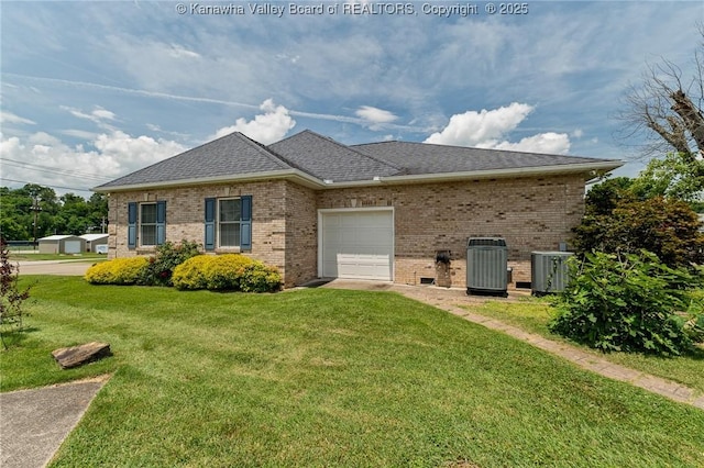 1155 Pike St, Milton, WV 25541 - view of property exterior with brick siding, a garage, a yard, a shingled roof, and driveway