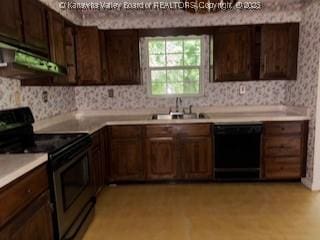 873 Woods Dr, Saint Albans, WV 25177 - kitchen with stainless steel electric range, black dishwasher, wallpapered walls, dark brown cabinets, and under cabinet range hood