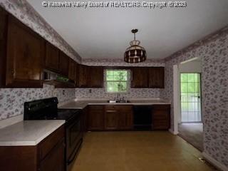 873 Woods Dr, Saint Albans, WV 25177 - kitchen with black / electric stove, wallpapered walls, healthy amount of natural light, under cabinet range hood, and dishwashing machine