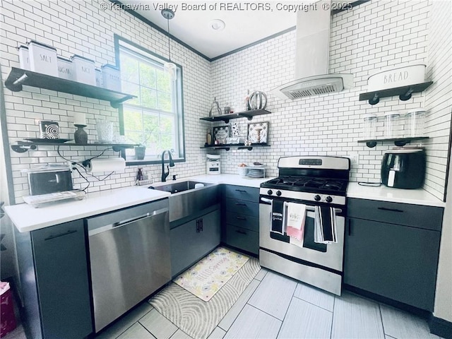 4052 Farmington Dr, Hurricane, WV 25526 - kitchen with open shelves, appliances with stainless steel finishes, decorative backsplash, and light countertops
