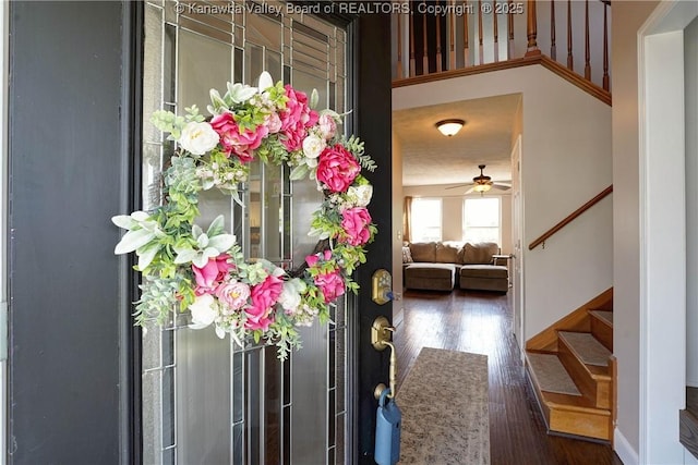 18 Long St, Winfield, WV 25213 - entrance foyer with stairway, wood finished floors, and a ceiling fan