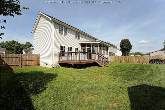 18 Long St, Winfield, WV 25213 - back of house featuring a sunroom, crawl space, a fenced backyard, and a wooden deck