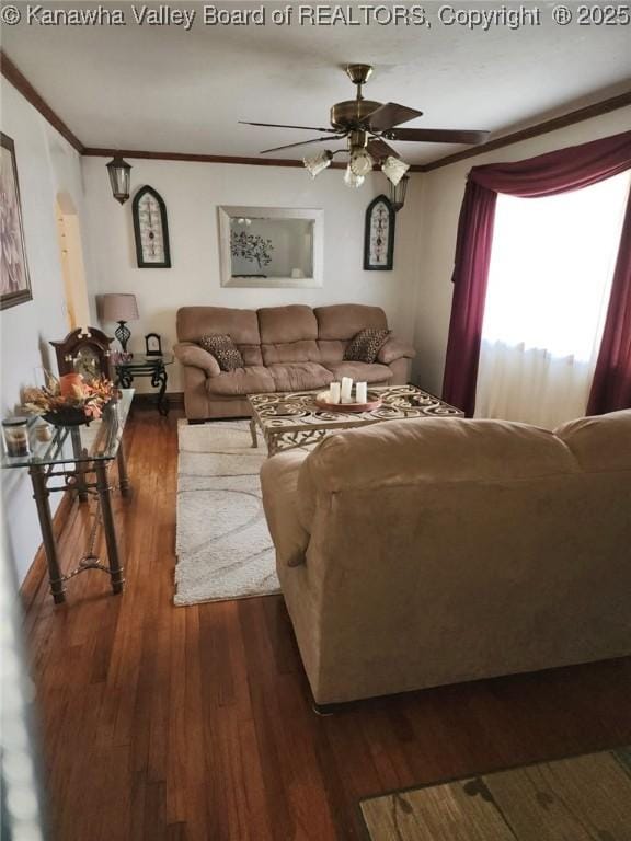 105 Franklin Ave, Saint Albans, WV 25177 - living area with ornamental molding, wood finished floors, and a ceiling fan