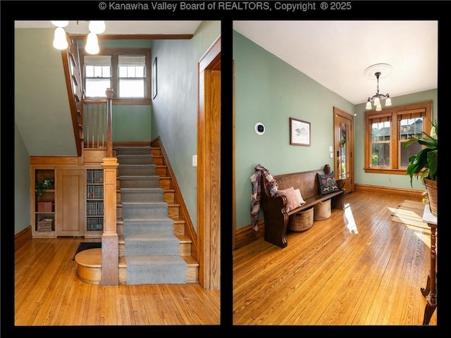 2961 Staunton Rd, Huntington, WV 25702 - stairway with hardwood / wood-style floors, a chandelier, and healthy amount of natural light