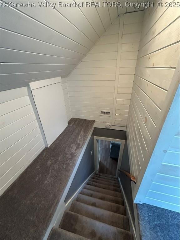 2010 Preston St, Charleston, WV 25302 - stairs featuring lofted ceiling and wood walls