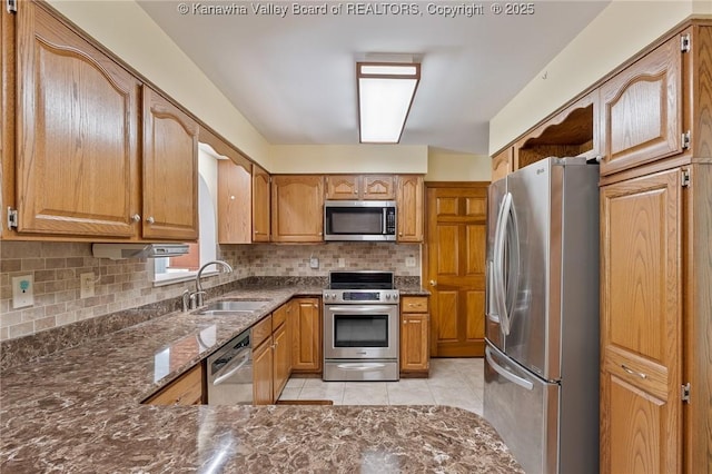 33 Shawnee Oaks Dr, Huntington, WV 25705 - kitchen with stainless steel appliances, tasteful backsplash, dark stone countertops, and light tile patterned flooring