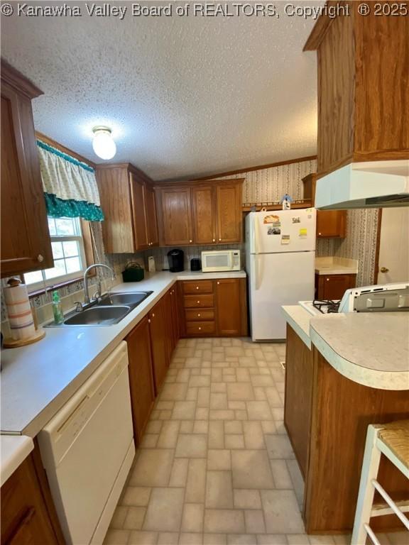 2399 Spicewood Rd, Kenna, WV 25248 - kitchen featuring white appliances, extractor fan, brick patterned floors, light countertops, and brown cabinets