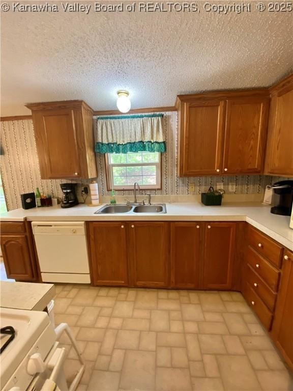 2399 Spicewood Rd, Kenna, WV 25248 - kitchen featuring dishwasher, brick patterned flooring, light countertops, brown cabinetry, and wallpapered walls