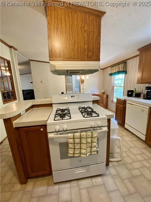 2399 Spicewood Rd, Kenna, WV 25248 - kitchen with white appliances, under cabinet range hood, light countertops, a textured ceiling, and ornamental molding
