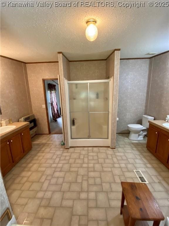2399 Spicewood Rd, Kenna, WV 25248 - full bath with vanity, brick patterned floors, a shower stall, a textured ceiling, and a bidet