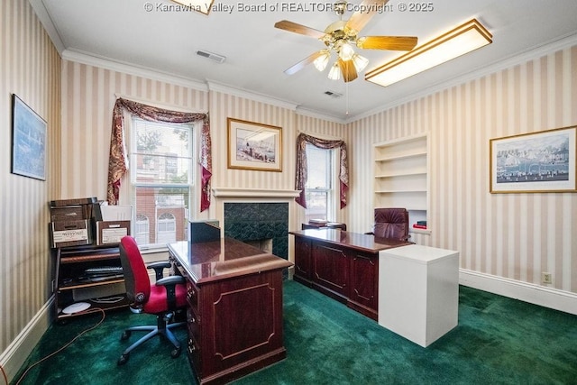 1598 Kanawha Blvd E, Charleston, WV 25311 - home office with ornamental molding, dark colored carpet, wallpapered walls, ceiling fan, and built in shelves