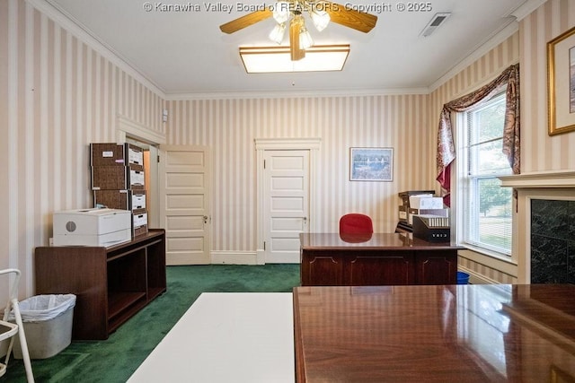 1598 Kanawha Blvd E, Charleston, WV 25311 - office space with wallpapered walls, ceiling fan, crown molding, and dark carpet