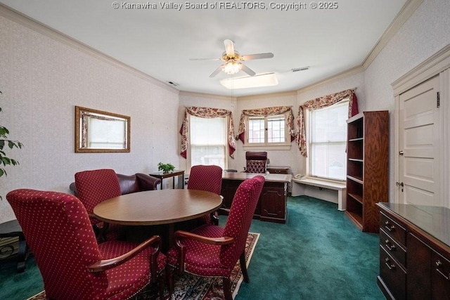 1598 Kanawha Blvd E, Charleston, WV 25311 - dining room with crown molding, ceiling fan, and dark colored carpet