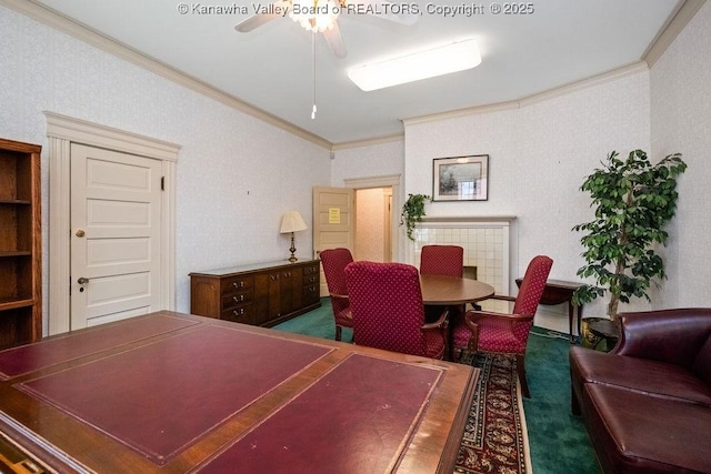 1598 Kanawha Blvd E, Charleston, WV 25311 - dining space with ornamental molding, a ceiling fan, and carpet floors