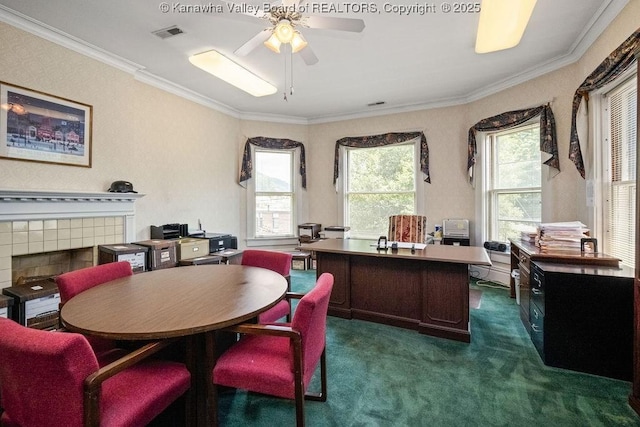 1598 Kanawha Blvd E, Charleston, WV 25311 - office space featuring ornamental molding, a ceiling fan, carpet floors, and a tiled fireplace