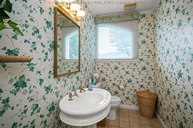 1598 Kanawha Blvd E, Charleston, WV 25311 - half bath with ornamental molding, wallpapered walls, and tile patterned flooring