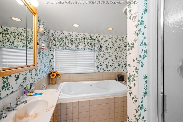 1598 Kanawha Blvd E, Charleston, WV 25311 - full bath featuring wallpapered walls, a bath, vanity, and recessed lighting