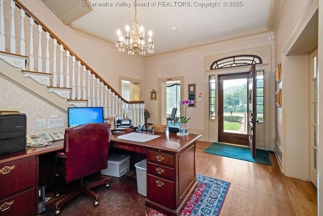 1598 Kanawha Blvd E, Charleston, WV 25311 - home office featuring a chandelier, crown molding, wood finished floors, and wallpapered walls