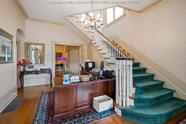 1598 Kanawha Blvd E, Charleston, WV 25311 - office space featuring a chandelier, crown molding, wallpapered walls, wood finished floors, and arched walkways