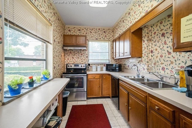 1598 Kanawha Blvd E, Charleston, WV 25311 - kitchen featuring wallpapered walls, black appliances, light tile patterned floors, light countertops, and brown cabinetry