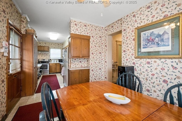 1598 Kanawha Blvd E, Charleston, WV 25311 - dining room featuring wallpapered walls, crown molding, and light tile patterned flooring