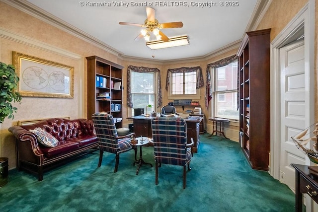 1598 Kanawha Blvd E, Charleston, WV 25311 - home office featuring a ceiling fan, dark carpet, and ornamental molding