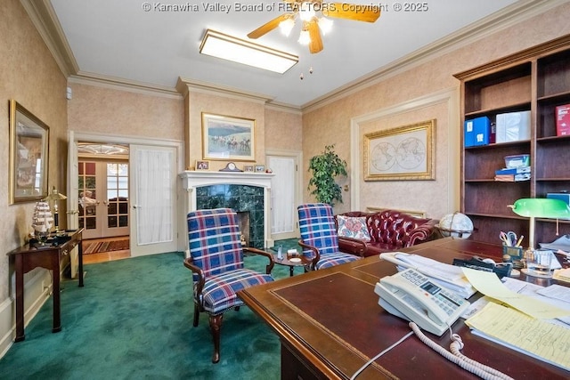 1598 Kanawha Blvd E, Charleston, WV 25311 - office with a ceiling fan, carpet, ornamental molding, french doors, and a fireplace