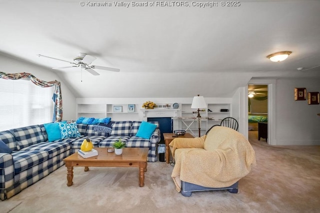 1598 Kanawha Blvd E, Charleston, WV 25311 - living room with carpet, a ceiling fan, lofted ceiling, and built in features
