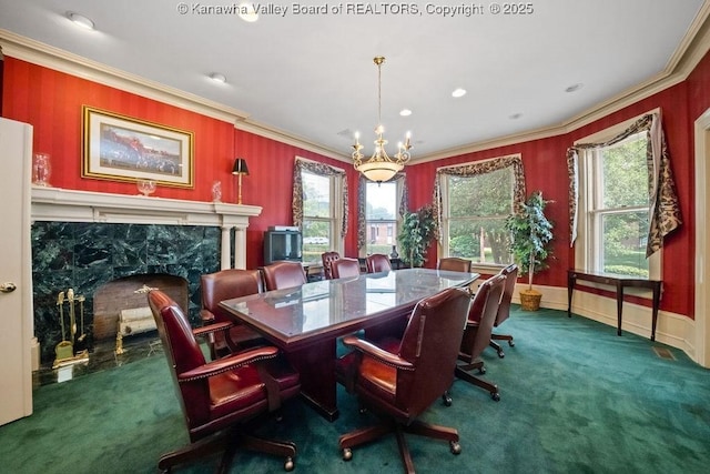 1598 Kanawha Blvd E, Charleston, WV 25311 - carpeted dining space with a fireplace, ornamental molding, a chandelier, and recessed lighting