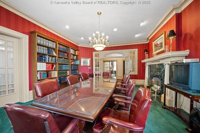 1598 Kanawha Blvd E, Charleston, WV 25311 - office featuring ornamental molding, a chandelier, carpet flooring, a fireplace, and french doors