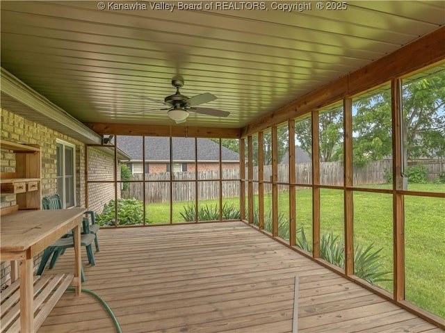 3710 Cambridge Cir, Hurricane, WV 25526 - sunroom with a ceiling fan, a deck, hardwood / wood-style flooring, and plenty of natural light