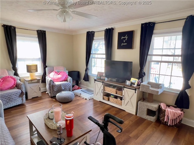 602 43rd St SE, Charleston, WV 25304 - living area featuring crown molding, ceiling fan, and wood finished floors