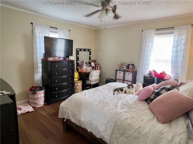 602 43rd St SE, Charleston, WV 25304 - bedroom with dark wood-type flooring, ornamental molding, and ceiling fan