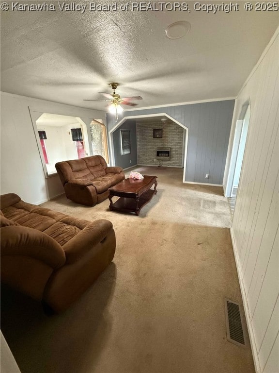 4303 Thomas Ridge Rd, Leon, WV 25123 - carpeted living area with ceiling fan, a textured ceiling, and wood walls