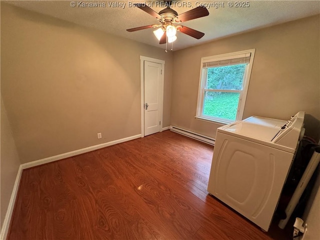 913 Charleston Rd, Point Pleasant, WV 25550 - washroom with baseboard heating, wood finished floors, washer and dryer, a ceiling fan, and a textured ceiling
