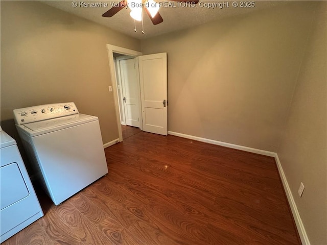 913 Charleston Rd, Point Pleasant, WV 25550 - laundry room featuring washing machine and clothes dryer, a ceiling fan, and wood finished floors