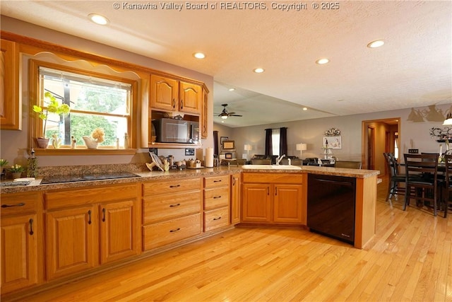 8 Anchors Way, Winfield, WV 25213 - kitchen with black appliances, a peninsula, light wood-style floors, a ceiling fan, and recessed lighting