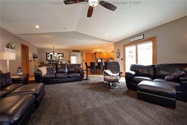 8 Anchors Way, Winfield, WV 25213 - carpeted living area featuring lofted ceiling, ceiling fan, a chandelier, and recessed lighting