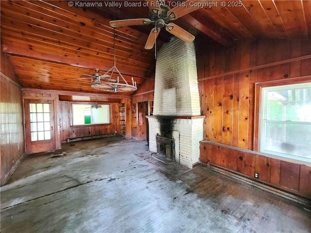 200 Boone St, Saint Albans, WV 25177 - unfurnished living room featuring wood walls, wooden ceiling, a baseboard heating unit, a ceiling fan, and a fireplace