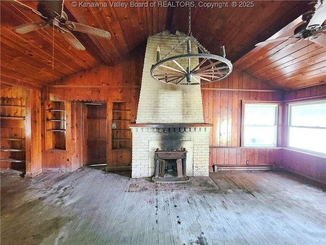200 Boone St, Saint Albans, WV 25177 - unfurnished living room with wooden walls, lofted ceiling, a ceiling fan, wood-type flooring, and a brick fireplace