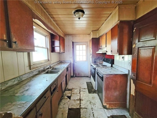 200 Boone St, Saint Albans, WV 25177 - kitchen featuring white range with electric cooktop, under cabinet range hood, light countertops, stainless steel dishwasher, and dishwashing machine