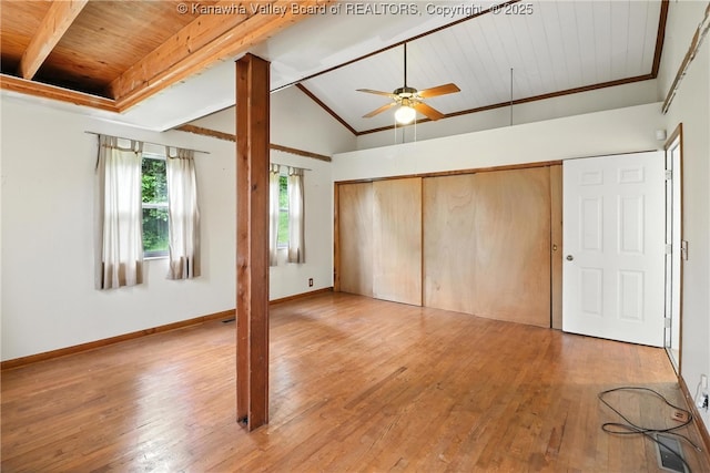 3223 Georges Dr, Saint Albans, WV 25177 - unfurnished bedroom featuring wood ceiling, light wood-style flooring, a closet, and a ceiling fan