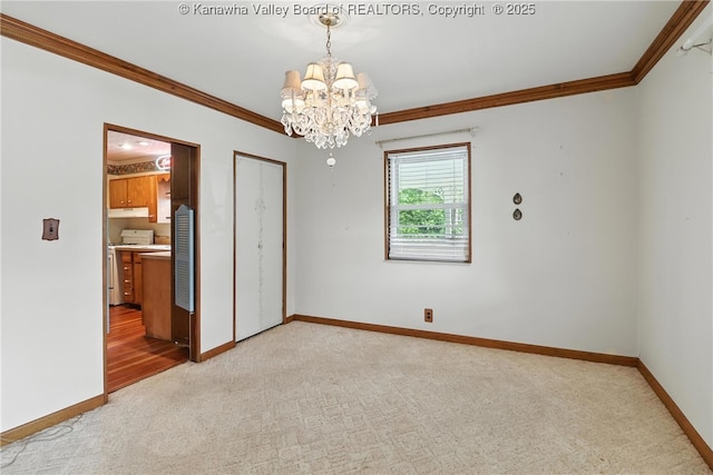 3223 Georges Dr, Saint Albans, WV 25177 - spare room featuring crown molding, light carpet, and a chandelier