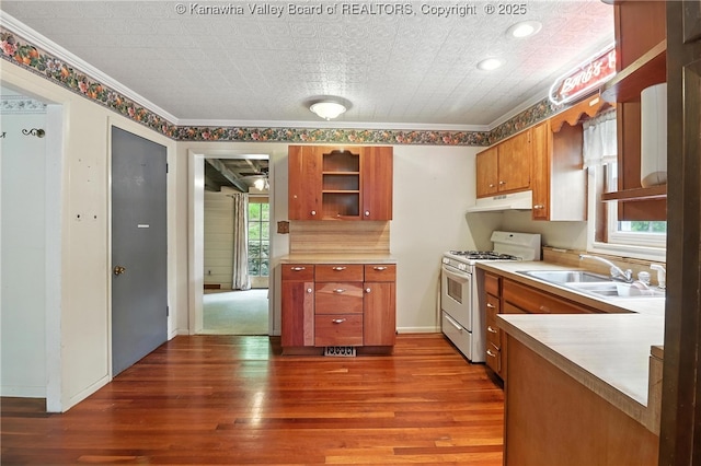 3223 Georges Dr, Saint Albans, WV 25177 - kitchen featuring white range with gas stovetop, under cabinet range hood, brown cabinets, wood finished floors, and light countertops